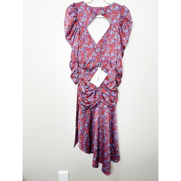 For Love & Lemons Charlie Floral Ruched Puff Sleeve Dress Blossom XS NEW - Picture 4 of 9